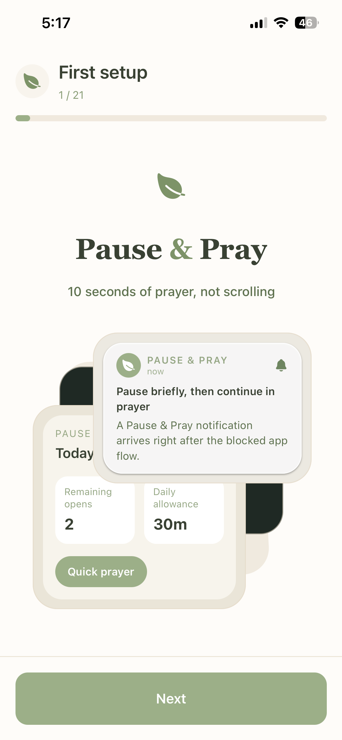 Pause & Pray first setup onboarding with prayer reminder preview