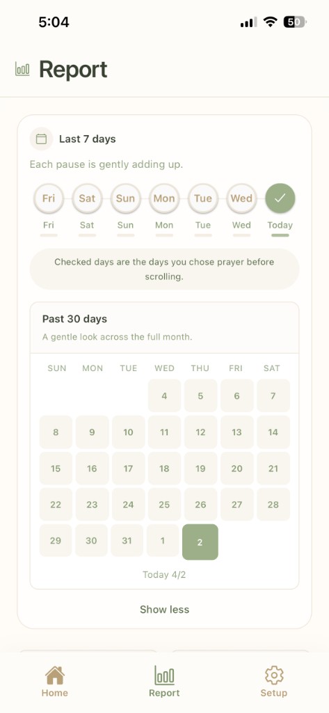 Pause & Pray report with weekly streak and 30-day calendar